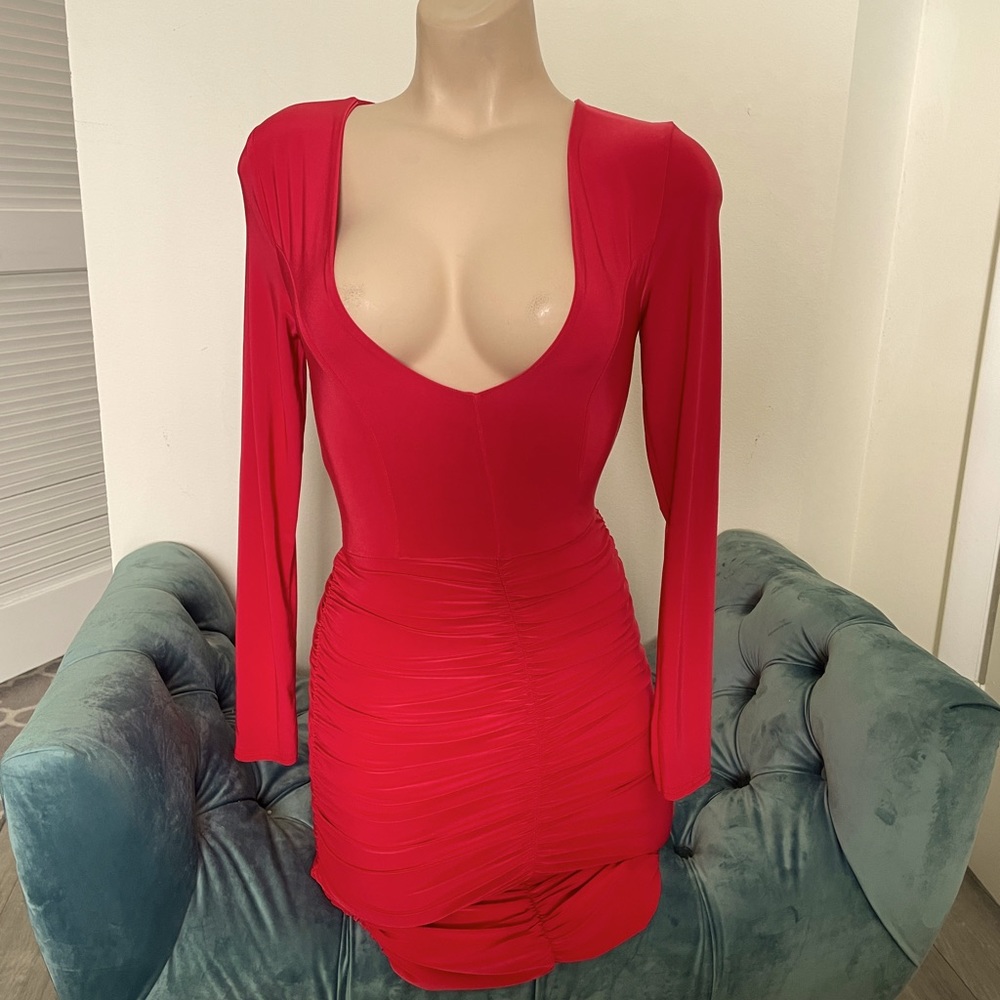PLT Long Sleeved Red Stretch Gathered Minidress US2